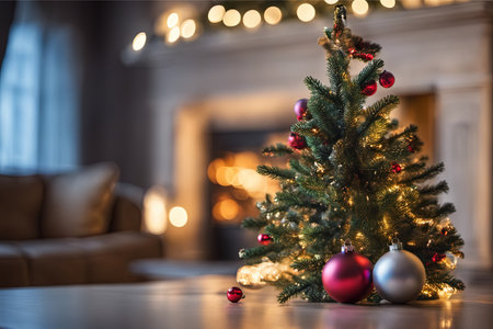Photo of Mini Christmas Tree With Ornaments on It in Living Roomの素材