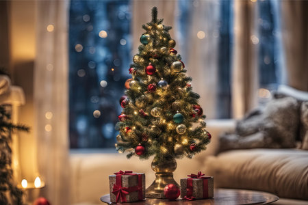 Photo of Mini Christmas Tree With Ornaments on It in Living Roomの素材