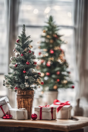 Photo of Mini Christmas Tree With Ornaments on It in Living Roomの素材
