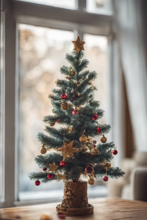 Photo of Mini Christmas Tree With Ornaments on It in Living Roomの素材