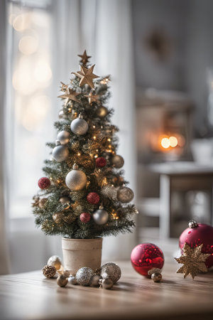 Photo of Mini Christmas Tree With Ornaments on It in Living Roomの素材