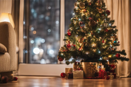 Photo of Mini Christmas Tree With Ornaments on It in Living Roomの素材