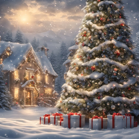 An Illustration of Snowy Christmas Scene With a Decorated Tree and Gifts Under the Tree for Christmas Backgroundの素材