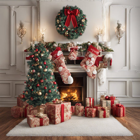 An Illustration of Christmas Stocking Filled With Gifts for Christmas Backgroundの素材