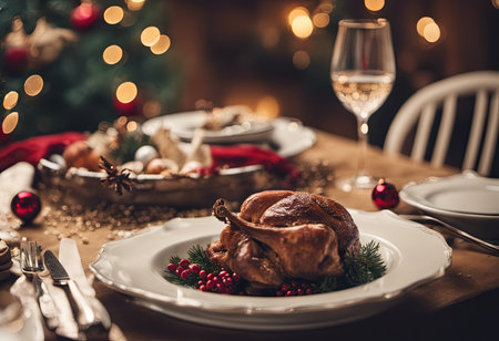 An Illustration of Christmas Table Setting With a Holiday Feast for Christmas Backgroundの素材