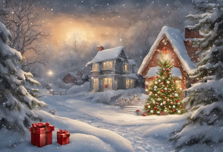 An Illustration of Snowy Christmas Scene With a Decorated Tree and Gifts Under the Tree for Christmas Backgroundの素材