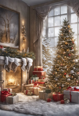 An Illustration of Snowy Christmas Scene With a Decorated Tree and Gifts Under the Tree for Christmas Backgroundの素材