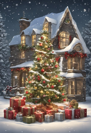 An Illustration of Snowy Christmas Scene With a Decorated Tree and Gifts Under the Tree for Christmas Backgroundの素材