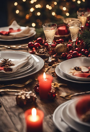 An Illustration of Christmas Table Setting With a Holiday Feast for Christmas Backgroundの素材