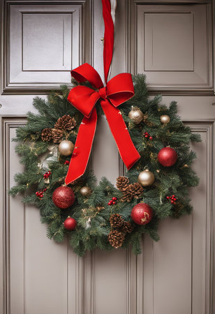 An Illustration of Close-up Christmas Wreath Hanging on a Front Door for Christmas Backgroundの素材