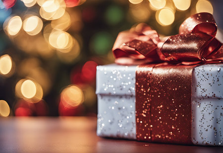 An Illustration of Close-up Christmas Present Wrapped in Shiny Paper for Christmas Backgroundの素材
