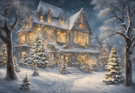 An Illustration of Snowy Christmas Scene With a Decorated Tree and Gifts Under the Tree for Christmas Backgroundの素材