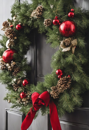 An Illustration of Close-up Christmas Wreath Hanging on a Front Door for Christmas Backgroundの素材