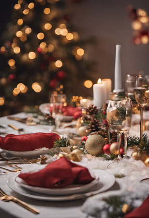 An Illustration of Christmas Table Setting With a Holiday Feast for Christmas Backgroundの素材