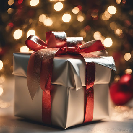 An Illustration of Close-up Christmas Present Wrapped in Shiny Paper for Christmas Backgroundの素材