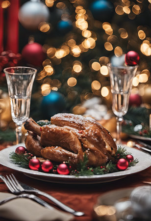 An Illustration of Christmas Table Setting With a Holiday Feast for Christmas Backgroundの素材