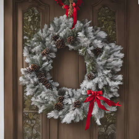 An Illustration of Close-up Christmas Wreath Hanging on a Front Door for Christmas Backgroundの素材