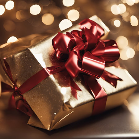 An Illustration of Close-up Christmas Present Wrapped in Shiny Paper for Christmas Backgroundの素材