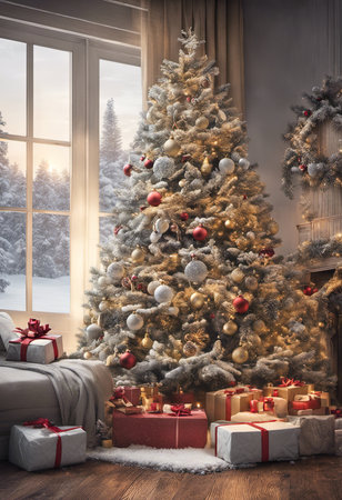 An Illustration of Snowy Christmas Scene With a Decorated Tree and Gifts Under the Tree for Christmas Backgroundの素材