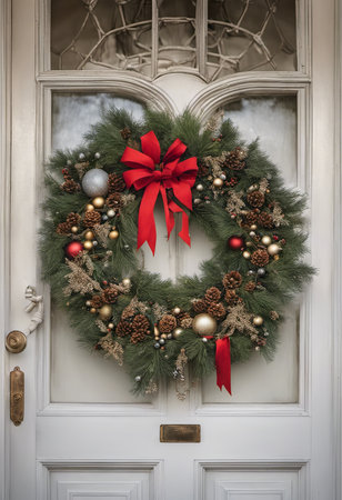 An Illustration of Close-up Christmas Wreath Hanging on a Front Door for Christmas Backgroundの素材