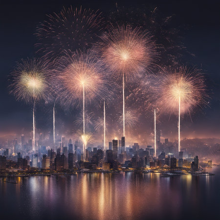 Illustration of Fireworks Display Over the City for New Year's Backgroundの素材