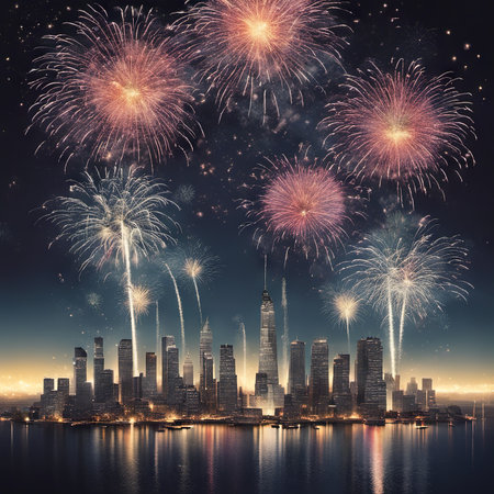 Illustration of Fireworks Display Over the City for New Year's Backgroundの素材