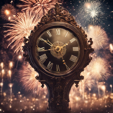 Illustration of a Clock With Blurred Fireworks on Background for New Year's Backgroundの素材