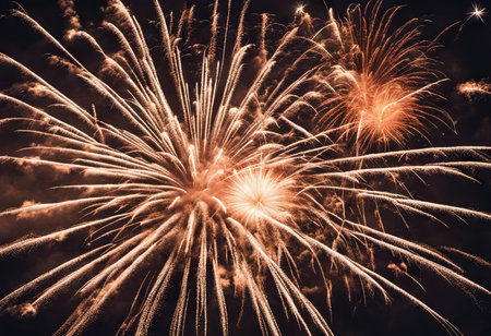 Illustration of Vibrant Colors Illuminate Exploding Fireworks at Night for New Year's Backgroundの素材