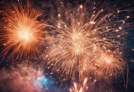 Illustration of Vibrant Colors Illuminate Exploding Fireworks at Night for New Year's Backgroundの素材