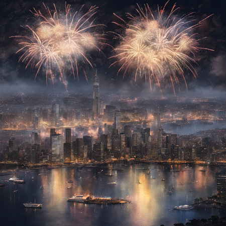 Illustration of Fireworks Display Over the City for New Year's Backgroundの素材