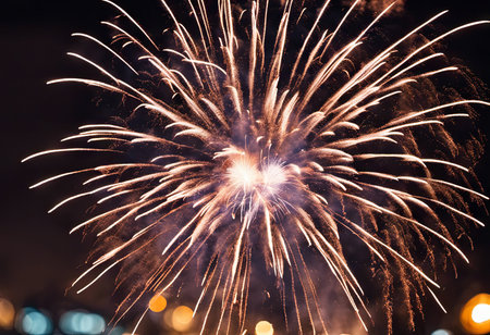 Illustration of Vibrant Colors Illuminate Exploding Fireworks at Night for New Year's Backgroundの素材