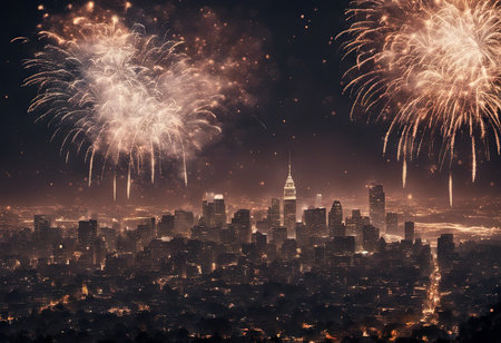 Illustration of Fireworks Display Over the City for New Year's Backgroundの素材