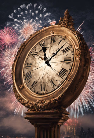 Illustration of a Clock With Blurred Fireworks on Background for New Year's Backgroundの素材
