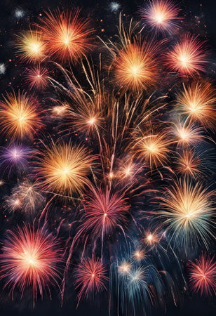 Illustration of Vibrant Colors Illuminate Exploding Fireworks at Night for New Year's Backgroundの素材