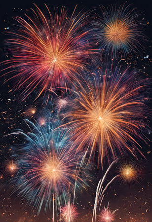 Illustration of Vibrant Colors Illuminate Exploding Fireworks at Night for New Year's Backgroundの素材