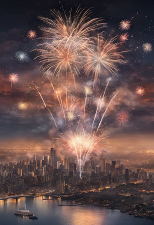 Illustration of Fireworks Display Over the City for New Year's Backgroundの素材