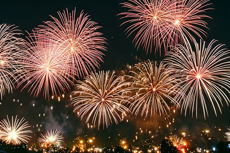 Illustration of Vibrant Colors Illuminate Exploding Fireworks at Night for New Year's Backgroundの素材