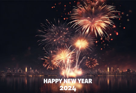 Happy New Year 2024 Greetings With Fireworks Explosion in the Skyの素材