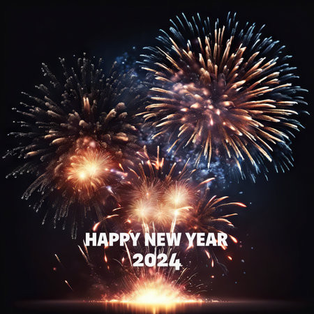 Happy New Year 2024 Greetings With Fireworks Explosion in the Skyの素材