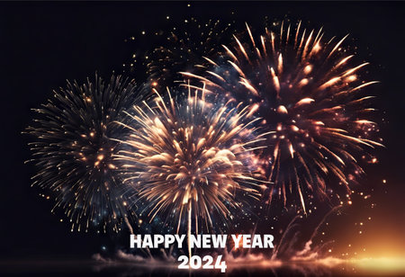 Happy New Year 2024 Greetings With Fireworks Explosion in the Skyの素材