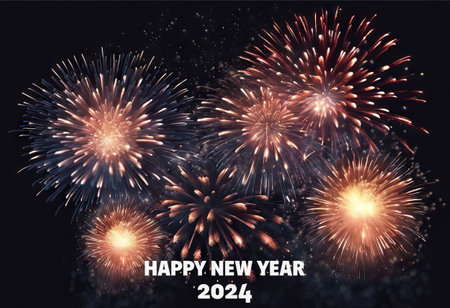 Happy New Year 2024 Greetings With Fireworks Explosion in the Skyの素材