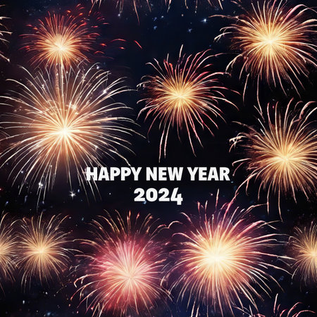 Happy New Year 2024 Greetings With Fireworks Explosion in the Skyの素材