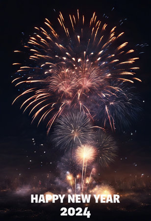 Happy New Year 2024 Greetings With Fireworks Explosion in the Skyの素材