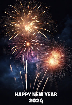 Happy New Year 2024 Greetings With Fireworks Explosion in the Skyの素材