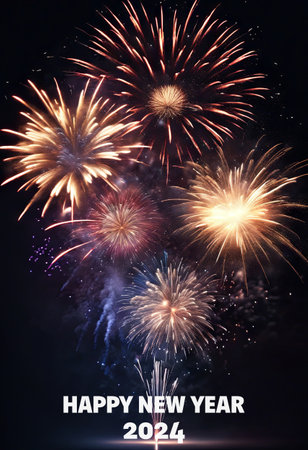 Happy New Year 2024 Greetings With Fireworks Explosion in the Skyの素材