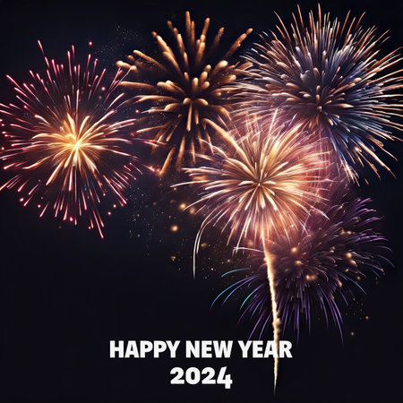 Happy New Year 2024 Greetings With Fireworks Explosion in the Skyの素材