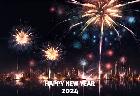 Happy New Year 2024 Greetings With Fireworks Explosion in the Skyの素材