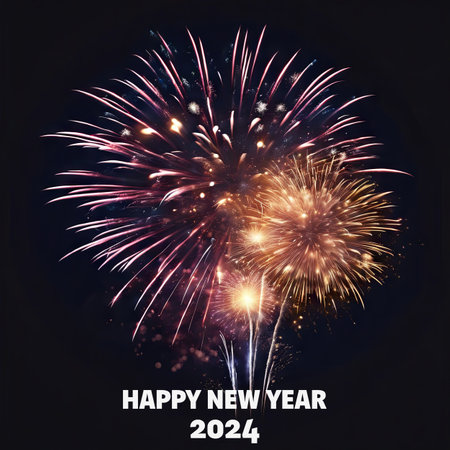 Happy New Year 2024 Greetings With Fireworks Explosion in the Skyの素材