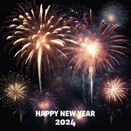 Happy New Year 2024 Greetings With Fireworks Explosion in the Skyの素材