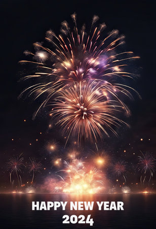 Happy New Year 2024 Greetings With Fireworks Explosion in the Skyの素材